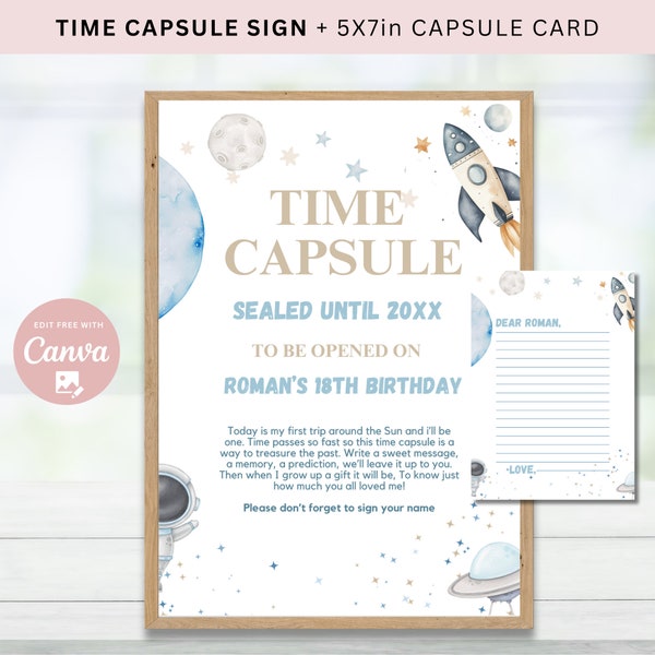 Edible First Trip around the Sun Time Capsule Sign 1st Birthday Party Time capsule template Guestbook Boy Space Astronaut Instant Download