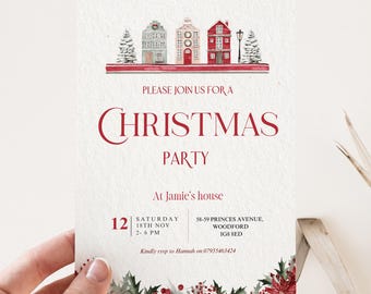 May include: A Christmas party invitation with a red, white, and green watercolor illustration of houses and a snowy street. The text reads "Please join us for a Christmas Party at Jamie's house. Saturday, 18th Nov, 2-6 PM. 58-59 Princes Avenue, Woodford, IG8 8ED. Kindly rsvp to Hannah on 07955463424."
