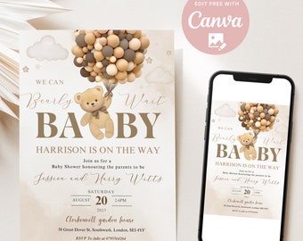 Editable Gender Neutral Brown We Can Bearly Wait Hot Air Balloon Bear Theme Baby shower invite Boho Brown Bear Baby shower instant download