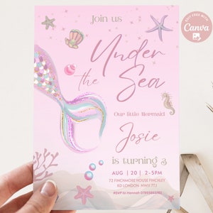 Invitación de cumpleaños de sirena rosa editable Chica sirena bajo la fiesta de cumpleaños del mar Neutral caprichosa fiesta de cumpleaños de sirena Descargar