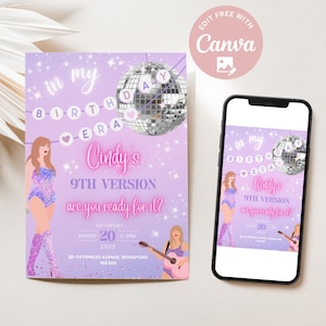 May include: Purple and pink birthday invitation with a disco ball and a cartoon illustration of a woman. The text reads "in my birthday era Cindy's 9th version are you ready for it?" and includes the date, time, and location of the event.