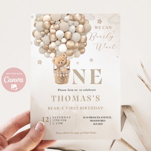 Modifiable sans distinction de sexe 1er anniversaire ours en peluche montgolfière thème ours beige Beary 1er anniversaire inviter Boho ours brun téléchargement immédiat