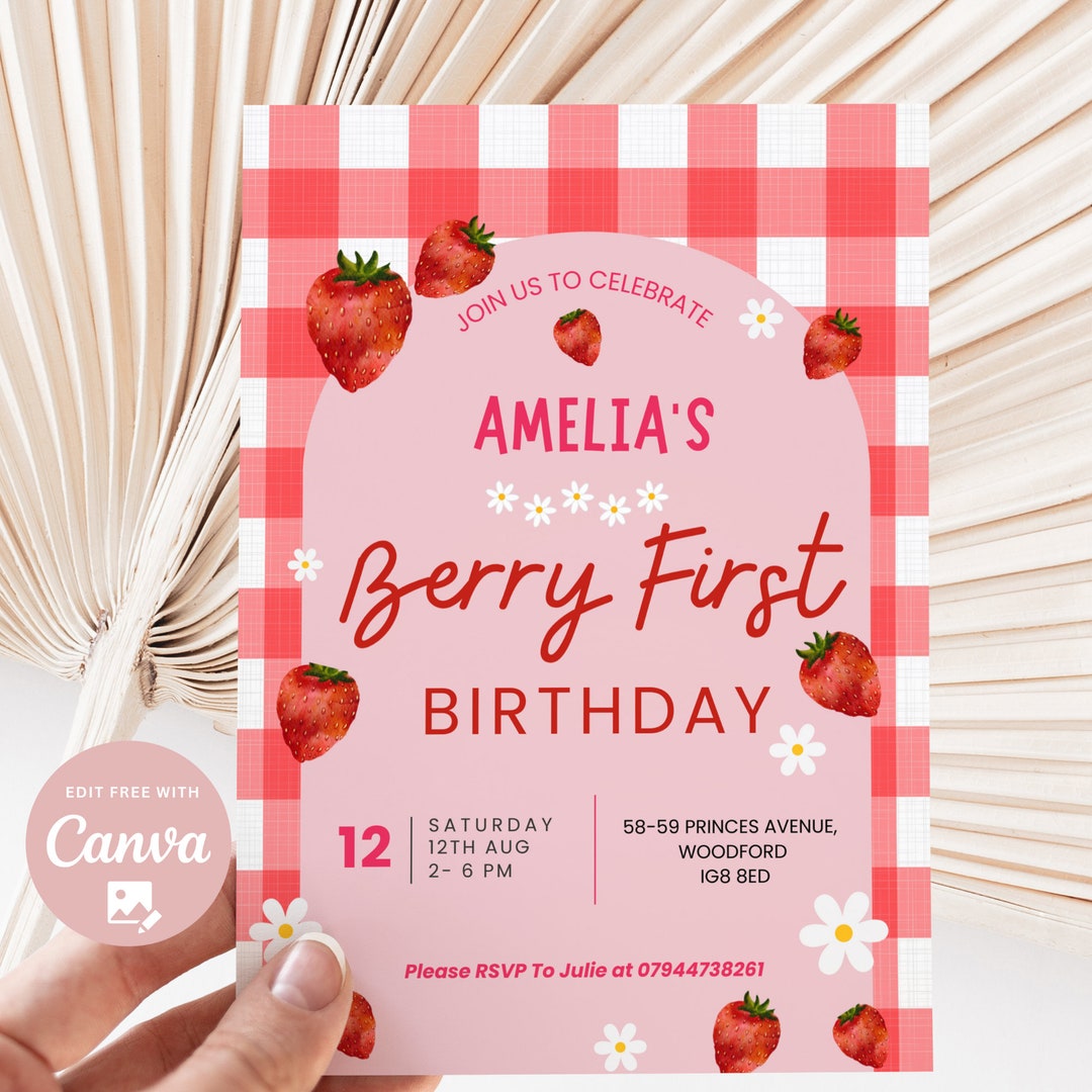Editable Berry First Birthday Invitation Pink and Red Strawberry Berry ...
