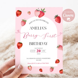 Editable Pink  Berry First Birthday Invitation, Pink Strawberry Birthday Invitation for Girls,Strawberry Birthday  Template,Instant download