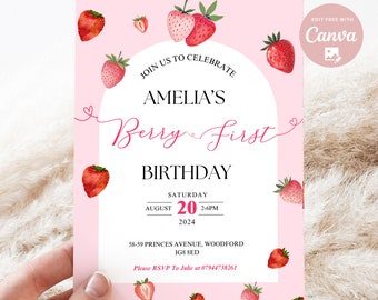 Editable Pink  Berry First Birthday Invitation, Pink Strawberry Birthday Invitation for Girls,Strawberry Birthday  Template,Instant download