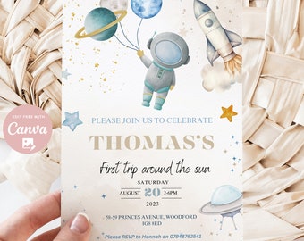 Editable Neutral First Trip Around the Sun Space Birthday Party Invitation,1st Birthday Party Invite boy, Astronaut Invite, Instant Download
