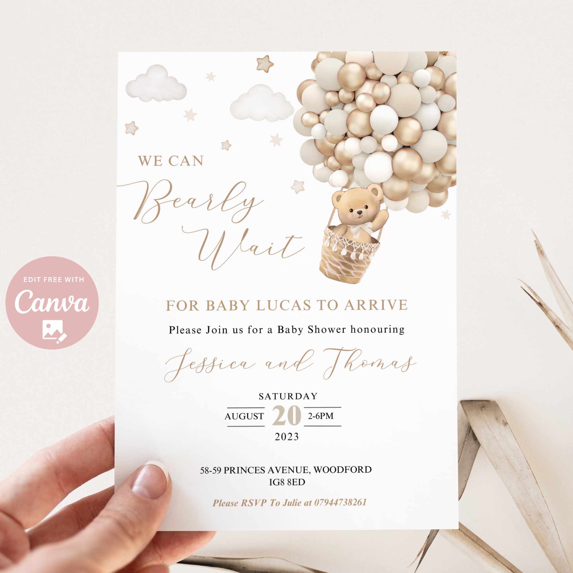 Editable Gender Neutral We Can Bearly Wait Bear Hot Air Balloon Theme ...