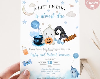 May include: A baby shower invitation with a blue and white watercolor design featuring a ghost, a cauldron, and candy. The text reads "A Little Boo is almost due" and includes the date and time of the shower. The invitation is for Tasha and Robert Simmons.