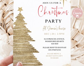 May include: A gold glitter Christmas tree design on a white invitation card. The invitation reads "Join us for a Christmas Party at Jamie's house, Dec 20, 2-5pm, 58-59 Princes Avenue, Woodford Hearts, IG8 8ED. Please RSVP to Hannah on 07948762541. Please bring a Secret Santa gift to share."