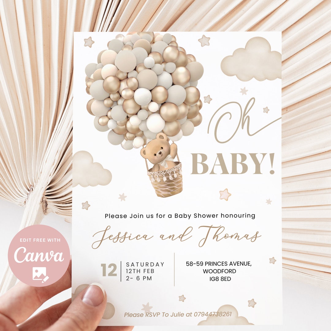 Editable Gender Neutral Oh Baby Hot Air Balloon Bear Baby Shower Invite ...