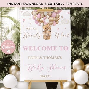 Edytowalny różowy motyw We Can Bearly Wait Bear na baby shower powitalny znak balon na gorące powietrze Boho Bear Girls różowy plakat na babyshower natychmiastowe pobranie