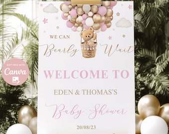 Editable Pink We Can Bearly Wait Bear Theme Baby shower welcome sign Hot Air Balloon Boho Bear Girls pink Babyshower poster instant download