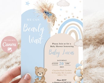 Editable We Can Bearly Wait baby shower invite, Boho Baby Shower Teddy Bear theme & Boho Bear Baby Boy shower template instant download