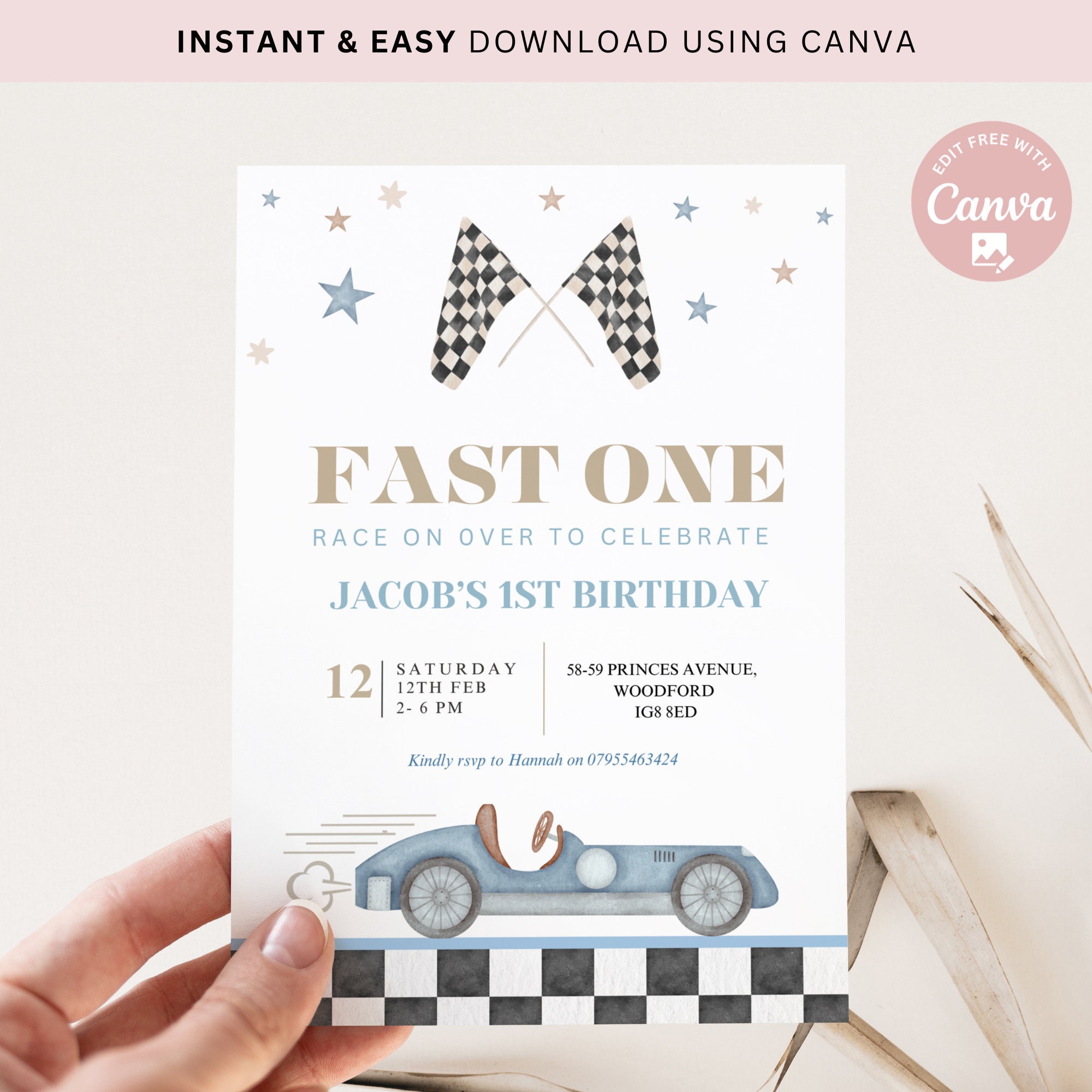 Editable Fast One Racing Car First Birthday Invitation 1st Birthday ...