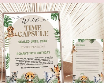 Redigerbar Safari Wild One 1-årsdag Tidskapselskylt 1-årsdag Tidskapselmall Gästbok Safari 1-årsdag Direktnedladdning