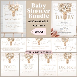 Editable Gender Neutral We Can Bearly Wait Hot Air Balloon Bear Theme Baby shower Bundle Boho Bear Baby shower Bundle instant download BSB15