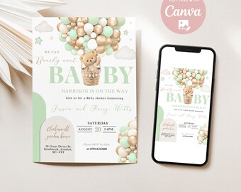 Puede incluir: Una invitación a una fiesta de bienvenida al bebé con un esquema de color verde y dorado. La invitación presenta un oso de peluche de dibujos animados en un globo aerostático hecho de globos. El texto de la invitación dice "We can barely wait, Baby, Harrison is on the way. Join us for a baby shower honouring Jessica and Harry Witts. Saturday, August 20, 2-6PM. Clerkenwell Garden House, 58 Great Dover St, Southwark, London, SE1 4YF. Please RSVP to Julie at 079444757681."
