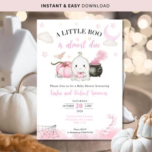 Editable Pink A Little Boo Baby is almost due Shower Invitation Bundle,Girl Halloween Baby Shower Invite, Ghost Halloween Baby Shower Invite