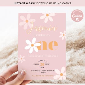 Editable Daisy One Girl Birthday Invitation, 1st Birthday Invite Printable template, Pink Daisy Flower Invite first birthday Party Download