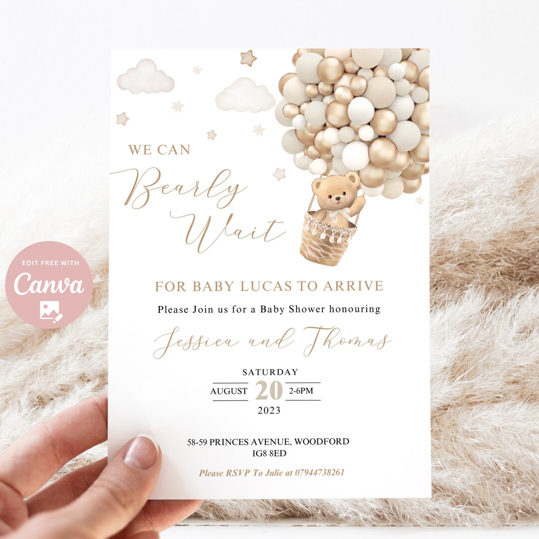 Editable Gender Neutral We Can Bearly Wait Bear Hot Air Balloon Theme ...