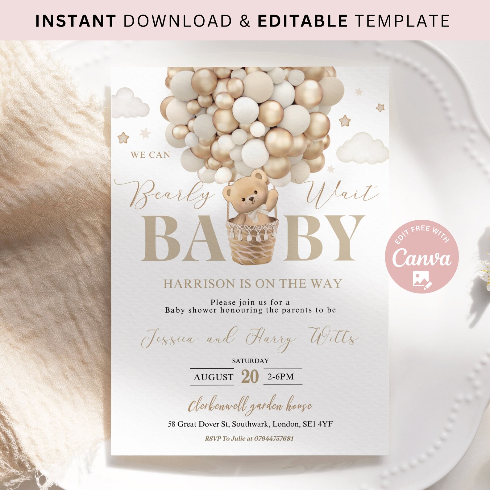 Editable Gender Neutral We Can Bearly Wait Hot Air Balloon Bear Theme ...