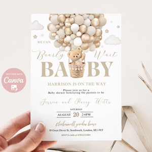Editable Gender Neutral We Can Bearly Wait Hot Air Balloon Bear Theme Baby shower invite Boho Brown Bear Baby shower instant download