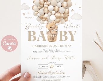Editable Gender Neutral We Can Bearly Wait Hot Air Balloon Bear Theme Baby shower invite Boho Brown Bear Baby shower instant download