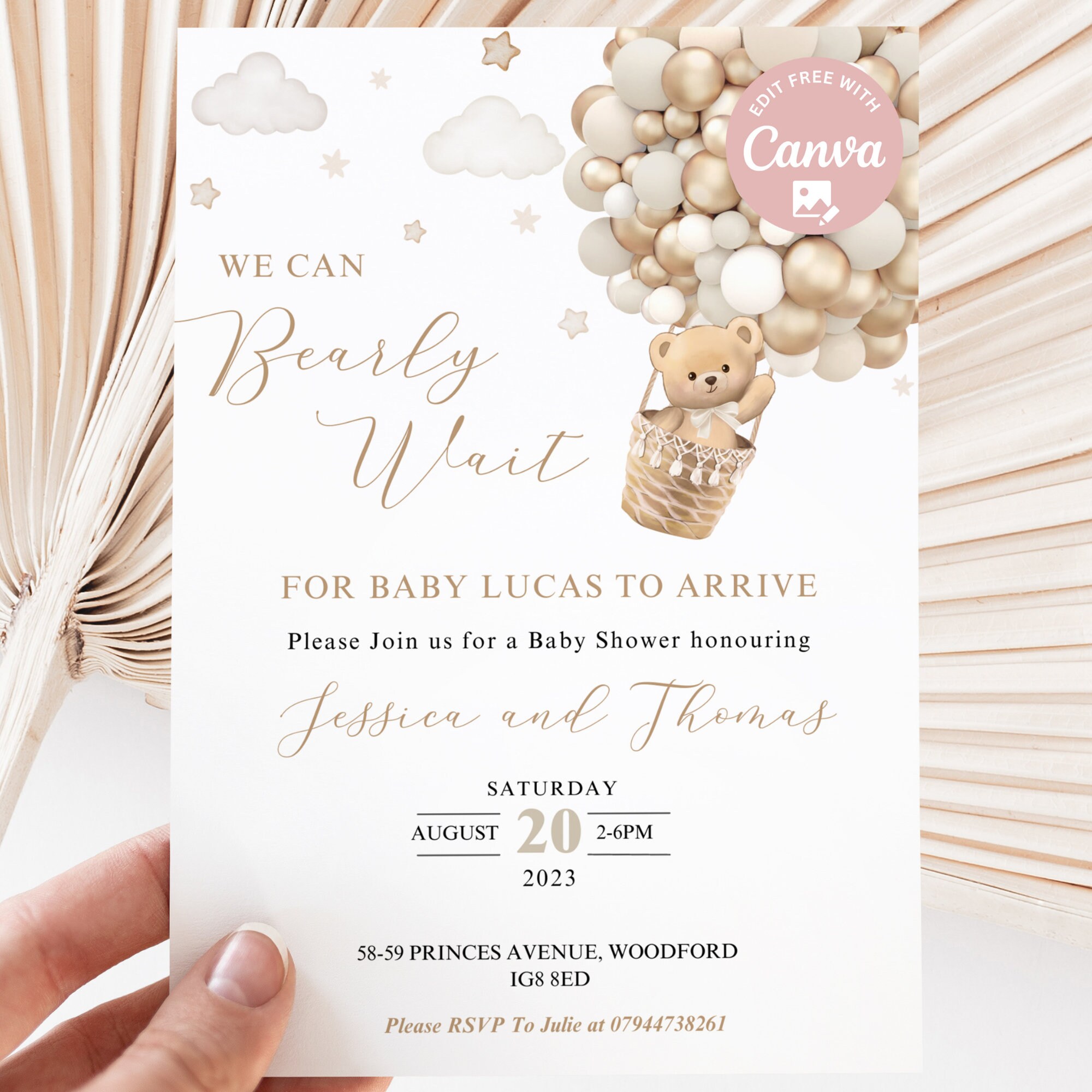 Editable Gender Neutral We Can Bearly Wait Bear Hot Air Balloon Theme ...