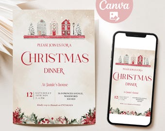 May include: A Christmas dinner invitation with a festive illustration of snow-covered houses and a snowy background. The invitation is for a dinner at Jamie's house on Saturday, November 18th from 2-6 PM. The address is 58-59 Princes Avenue, Woodford, IG8 8ED. The invitation includes the text "Please join us for a Christmas Dinner".