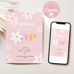 Convite de aniversário editável Daisy One Girl, modelo de convite para 1º aniversário para impressão, convite de flor rosa Daisy para primeira festa de aniversário para download