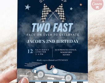 Editable BlueTwo Fast Birthday Invitation Race Car 2nd Birthday Boy Invite Racing Car Vintage Racecar Printable Template Instant Download