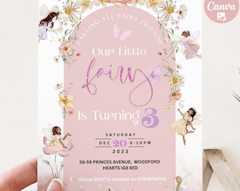 May include: A pink and white invitation with a floral design. The text reads "Calling all fairy friends, Our Little fairy is turning 3. Saturday, Dec 20, 6-10pm, 2023, 58-59 Princes Avenue, Woodford, Hearts IG8 8ED. Please RSVP to Hannah on 07948762541."
