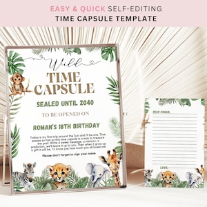 Bewerkbare Safari Wild One 1e verjaardag tijdcapsule teken 1e verjaardag tijdcapsule sjabloon Gastenboek Safari 1e verjaardag Instant Download