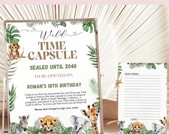 Redigerbar Safari Wild One 1-årsdag Tidskapselskylt 1-årsdag Tidskapselmall Gästbok Safari 1-årsdag Direktnedladdning