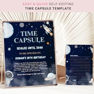 Essbares erste Reise um die Sonne Zeit Kapsel Zeichen 1st Birthday Party Time Kapsel Vorlage Gästebuch Junge Astronaut Instant Download