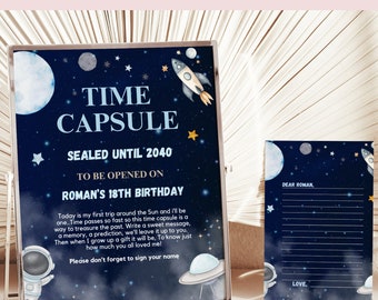 Edible First Trip around the Sun Time Capsule Sign 1st Birthday Party Time capsule template Guestbook Boy Space Astronaut Instant Download