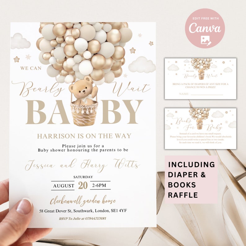 Editable Gender Neutral We Can Bearly Wait Hot Air Balloon Bear Theme ...