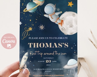 Editable Space First Trip Around the Sun Birthday Invitation, 1st Birthday Boy Party Invite, Blue Galaxy Astronaut Invite, Instant Download