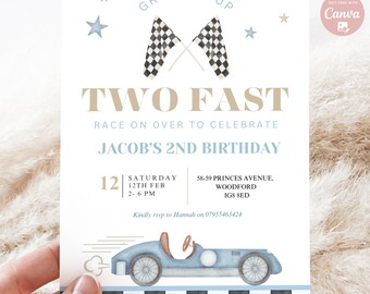 May include: A blue and white race car birthday invitation with the text "Growing Up Two Fast Race On Over To Celebrate Jacob's 2nd Birthday" and details for the party. The invitation features a checkered flag design and stars.