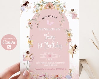 Editable Fairy 1st Birthday Invitation Enchanted Fairy Blush Pink Boho First Birthday Girls 1st Birthday Garden Party  Instant download FFB1