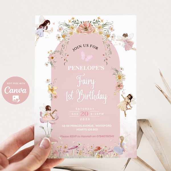 Editable Fairy 1st Birthday Invitation Enchanted Fairy Blush Pink Boho First Birthday Girls 1st Birthday Garden Party  Instant download FFB1