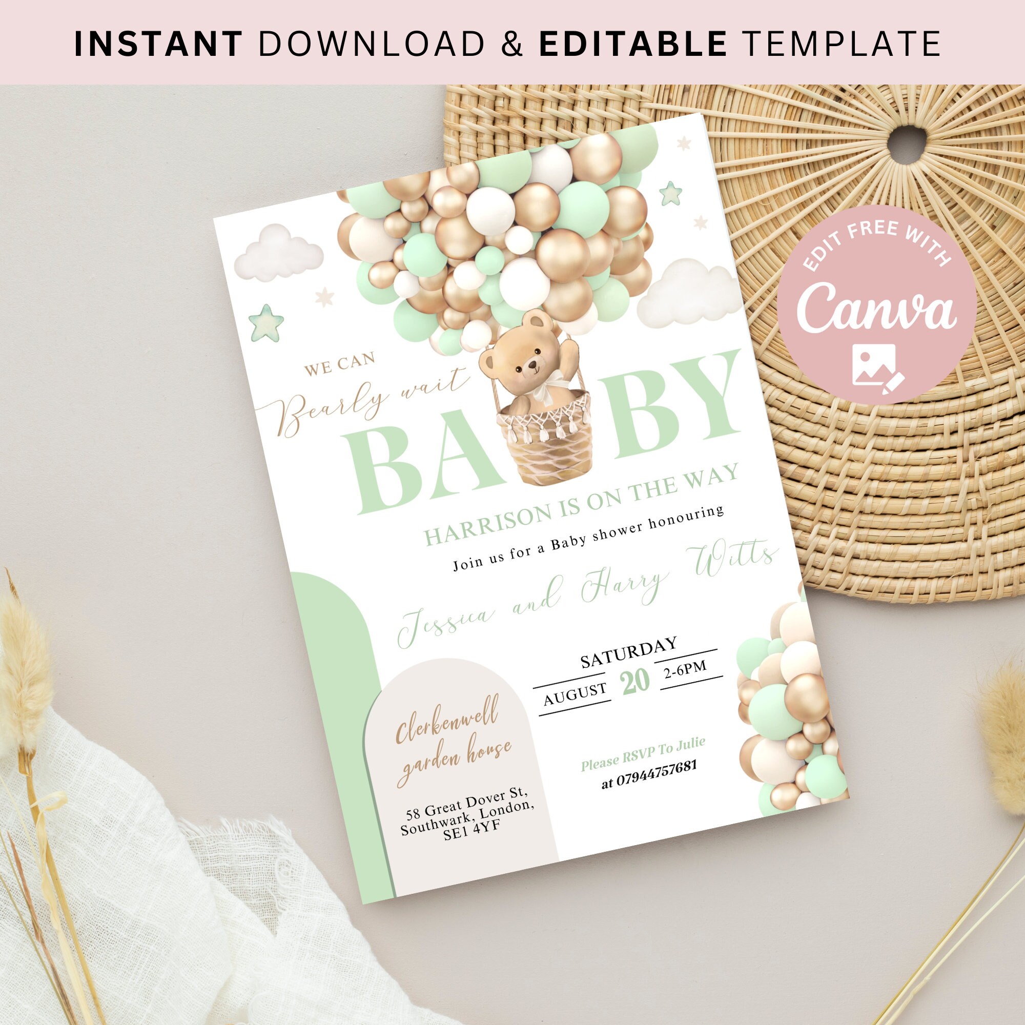 Editable Gender Neutral Green We Can Bearly Wait Hot Air Balloon Bear ...