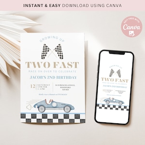 Editable Two Fast Birthday Invitation Race Car 2nd Birthday Boy Invite Racing Car Vintage Racecar Printable Template Instant Download