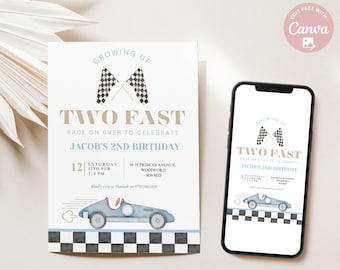 May include: A blue and white race car themed invitation for a 2nd birthday party. The invitation says "Growing Up Two Fast" and "Race on over to celebrate Jacob's 2nd Birthday". The invitation includes the date, time, and address of the party.