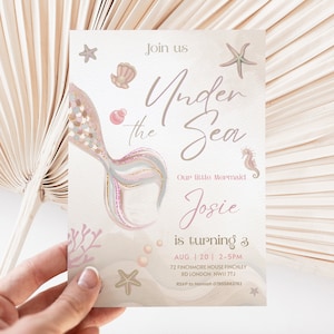 Editable Boho sirena cumpleaños invitación niña sirena bajo el mar fiesta de cumpleaños neutral caprichosa sirena fiesta de cumpleaños descargar