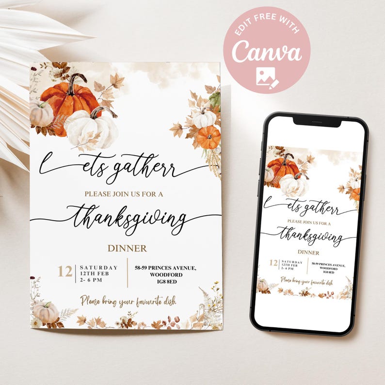 Editable Boho Thanksgiving Dinner Invitation, Let's Give Thanks Invite