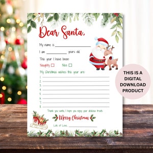 Carta de Navidad imprimible a Santa Fácil de imprimir Lista de deseos de Navidad de Santa Descarga instantánea Plantilla de carta de Santa Carta a Santa para niños