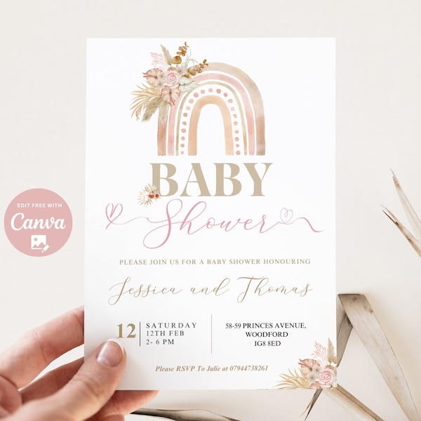 Editable Boho Rainbow Baby Shower Invitation Pink Baby Girl Pampas Grass Boho Rainbow Shower Invite Printable Template Instant Download