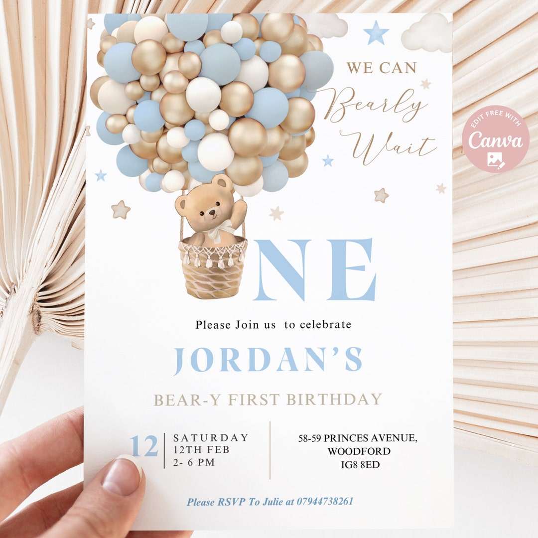 Editable 1st Birthday Boy Teddy Bear Hot Air Balloon Bear Theme Beary ...