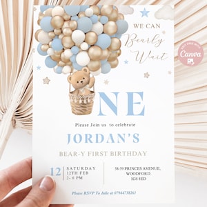 Editable 1er cumpleaños niño oso de peluche globo aerostático oso tema Beary 1er cumpleaños invitación azul claro imprimible invitación descarga instantánea BFBB